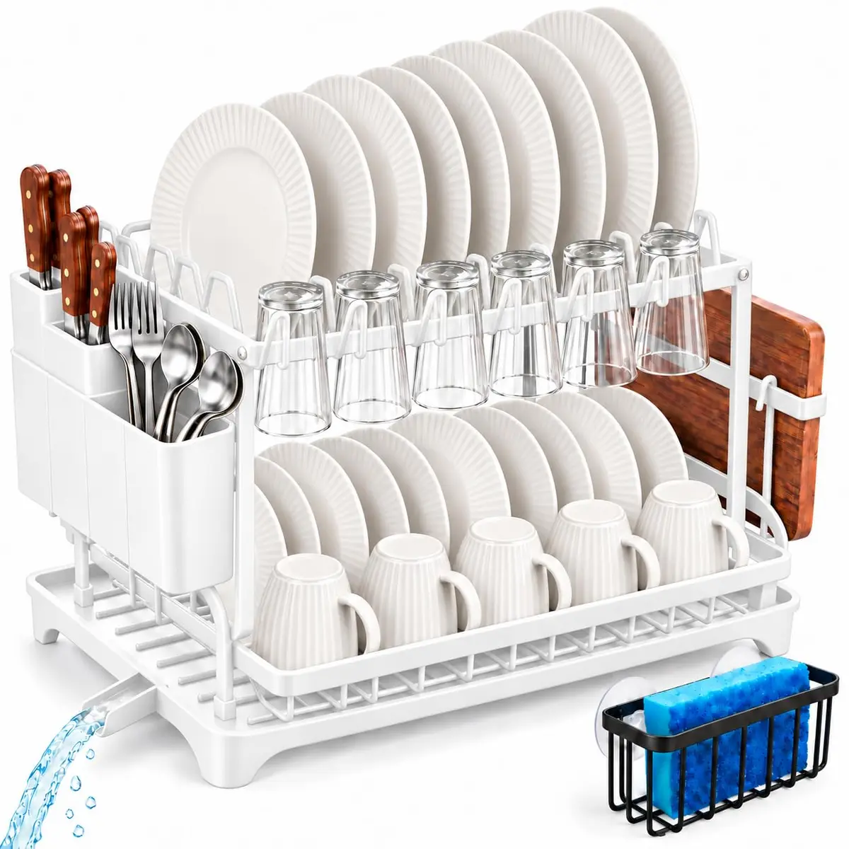 Decolab Escorredor de Louça 2 Andares Aço Inox Porta-Esponja Branco | Acompanha porta-esponja exclusivo. 2 andares organizam pratos, copos e talheres, com bandeja e dreno direcionado à pia. - 1