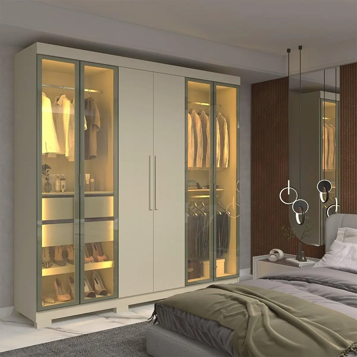 Guarda-Roupa Casal com 6 Portas com 4 Portas Reflecta com Pés com LED 100% MDF Império Off White