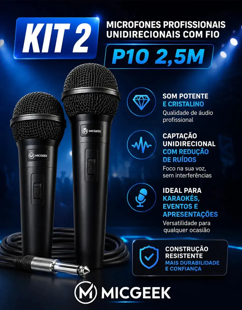 Kit 2 Microfones Profissional Duplo Dinâmico Karaoke Igreja Palestras Com Fio Micgeek thumbnail 2