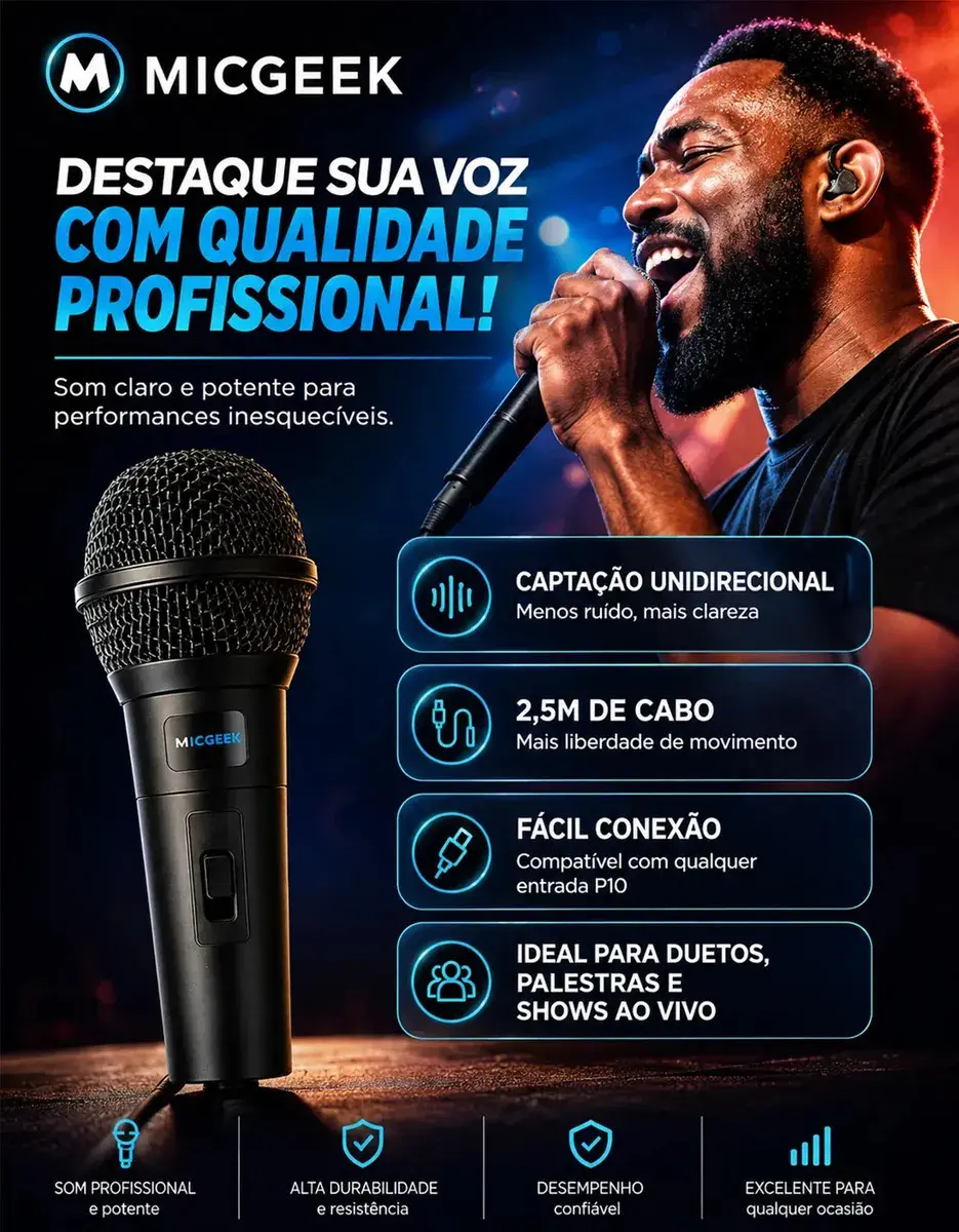 Kit 2 Microfones Profissional Duplo Dinâmico Karaoke Igreja Palestras Com Fio Micgeek thumbnail 3