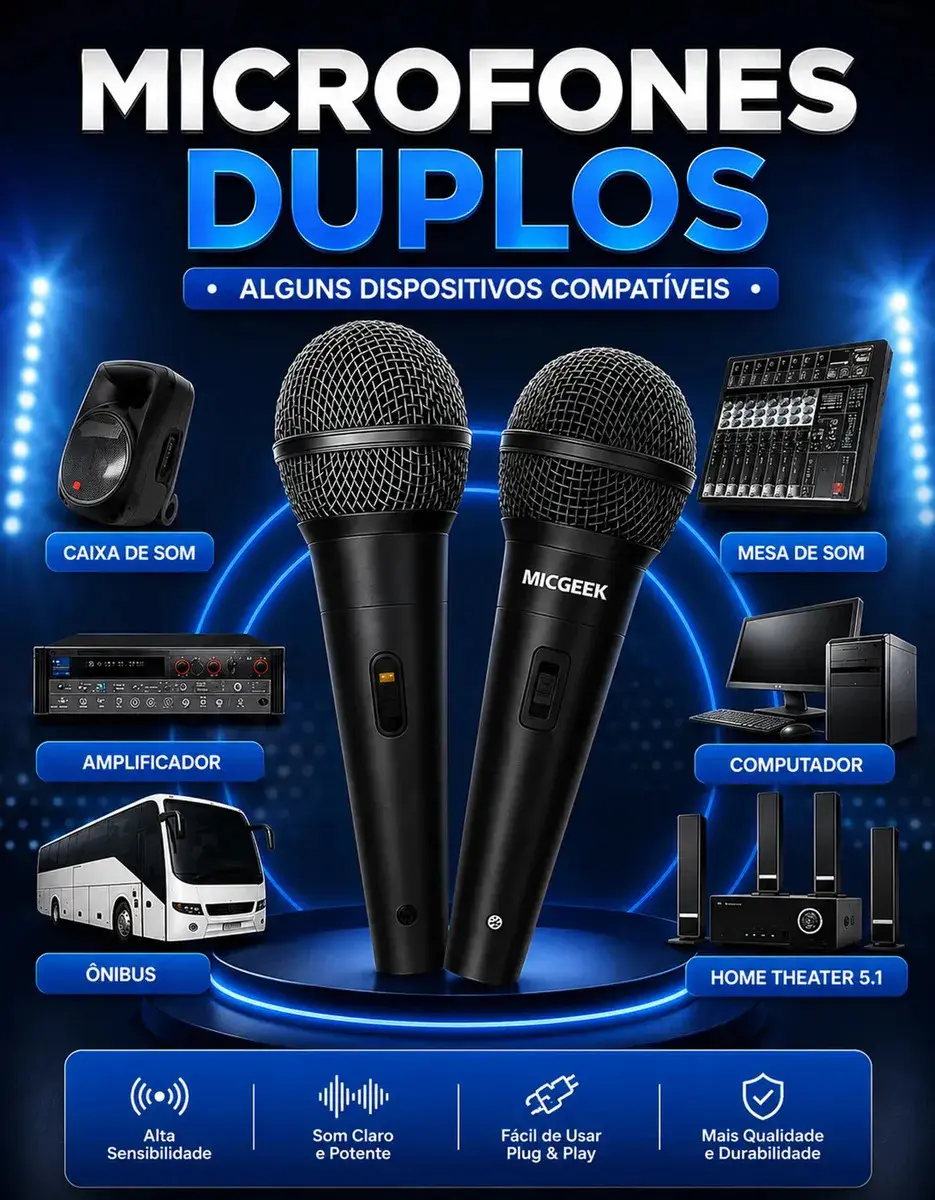 Kit 2 Microfones Profissional Duplo Dinâmico Karaoke Igreja Palestras Com Fio Micgeek thumbnail 4