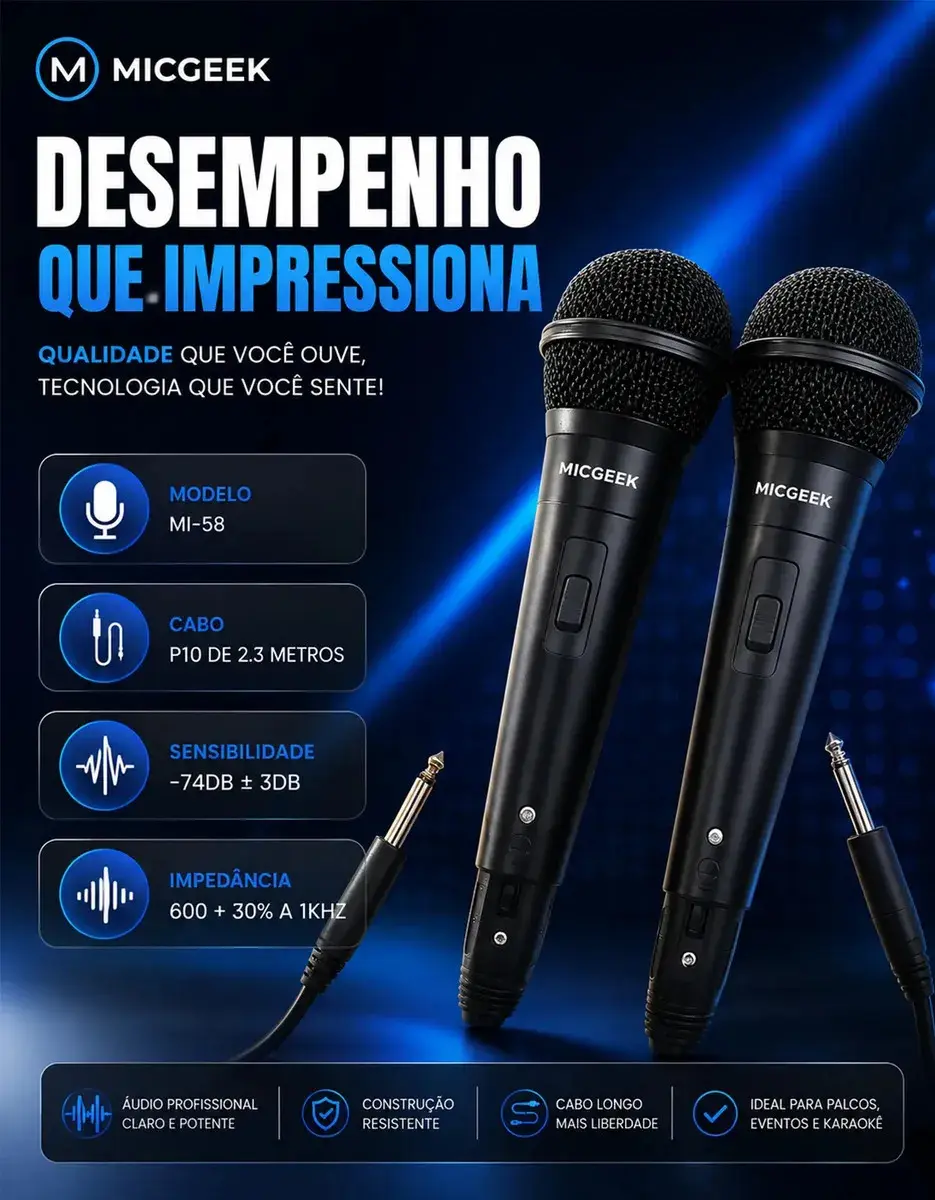 Kit 2 Microfones Profissional Duplo Dinâmico Karaoke Igreja Palestras Com Fio Micgeek thumbnail 5