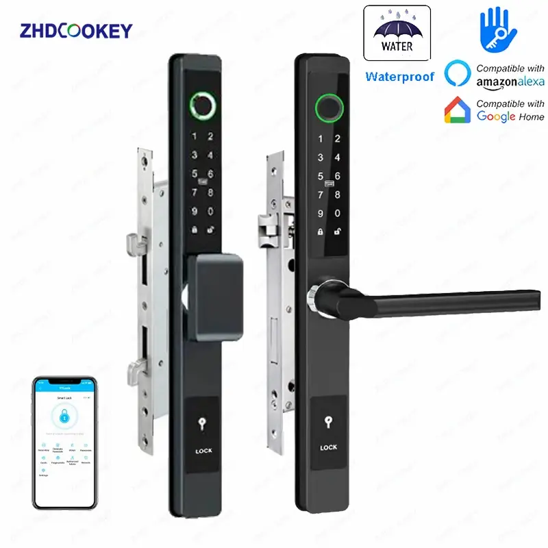 Fechadura Digital Biométrica ZHDCOOKEY à Prova d'Água com Aplicativo TTLock, Impressão Digital, Cartão RFID e Senha para Porta Deslizante de Alumínio - 1