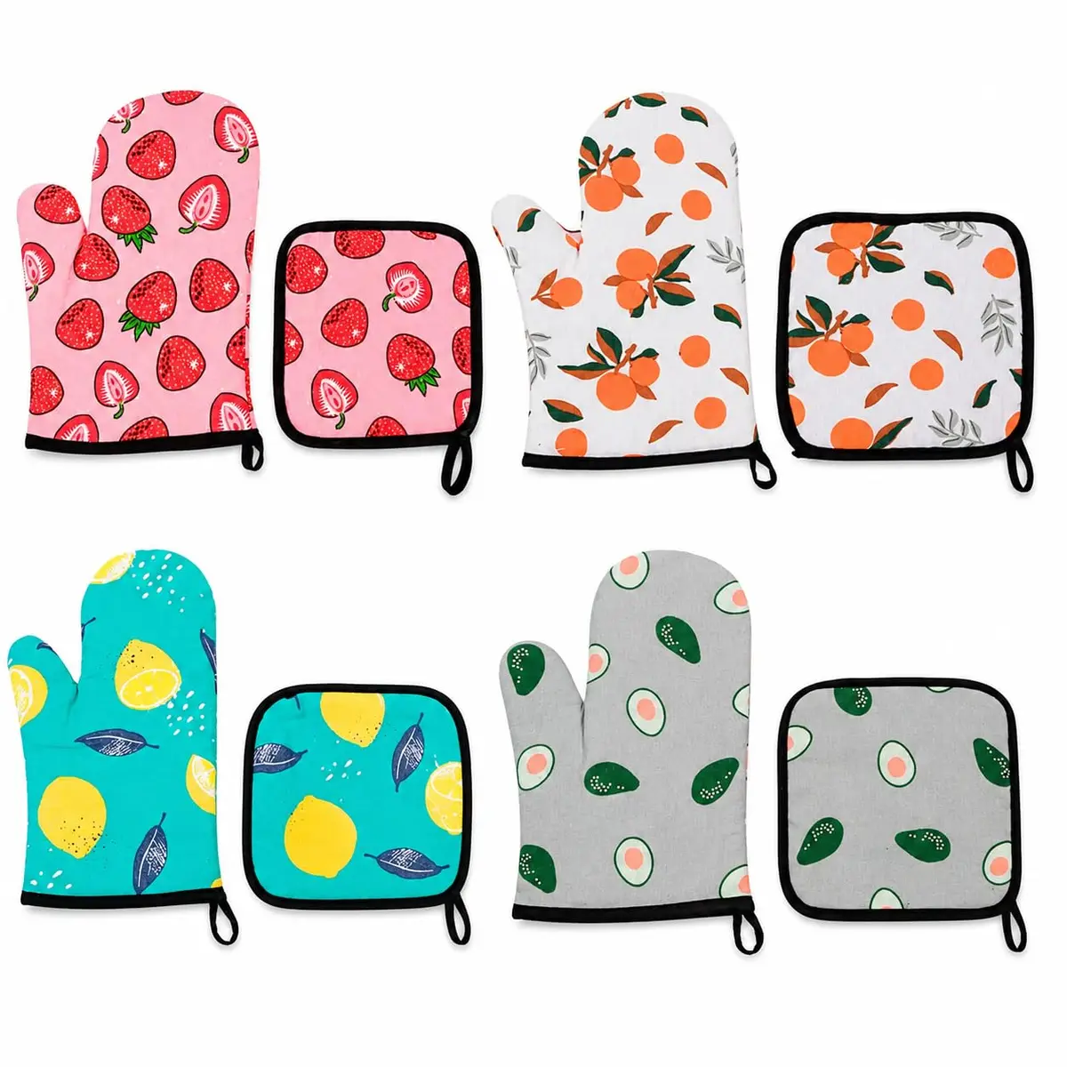 Kit 2 Luvas Térmicas + 2 Descansos de Panela 4 Peças Algodão Estampas Sortidas - 1