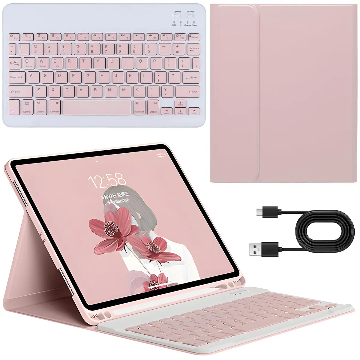 JINYUHAY Capa Fólio com Teclado Bluetooth e Porta-Lápis para iPad,Rosa | Compatível com iPad 10.2" 7ª/8ª/9ª, iPad Air3 10.5", iPad Pro 10.5" 2017, porta-lápis, teclado removível, proteção completa - 1