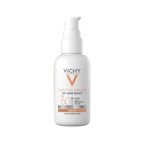 Protetor Solar Facial Vichy UV-Age Daily, Cor 4.0, FPS 60, 40g | Protetor solar facial com ação anti-idade, previne rugas e manchas; Niacinamida, peptídeos pró-colágeno, textura aqua-fluida