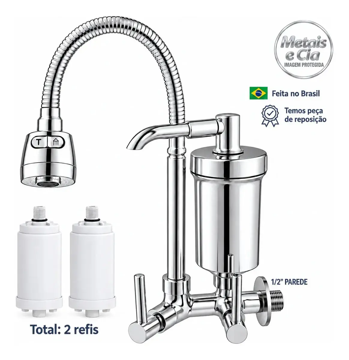 Torneira Com Filtro Gourmet Pia Bica Cozinha Parede 2 Refis Flexivel Purificador Com Algodão PP Ativo