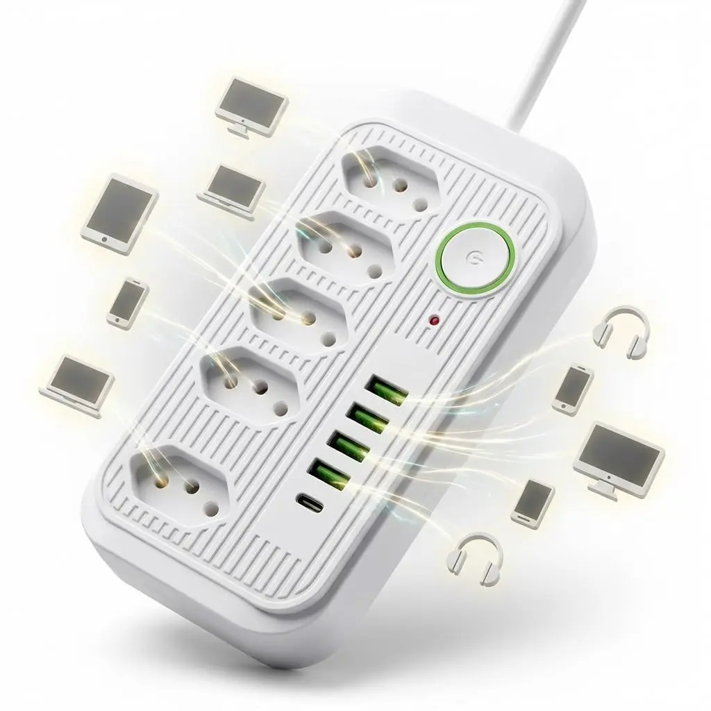 Extensão Filtro de Linha Régua de Energia com 5 Tomadas, 4 USB, 1 USB-C | Extensão Elétrica 2m, Bivolt 110-220V, 2500W, Proteção Sobrecarga, LED Indicador
