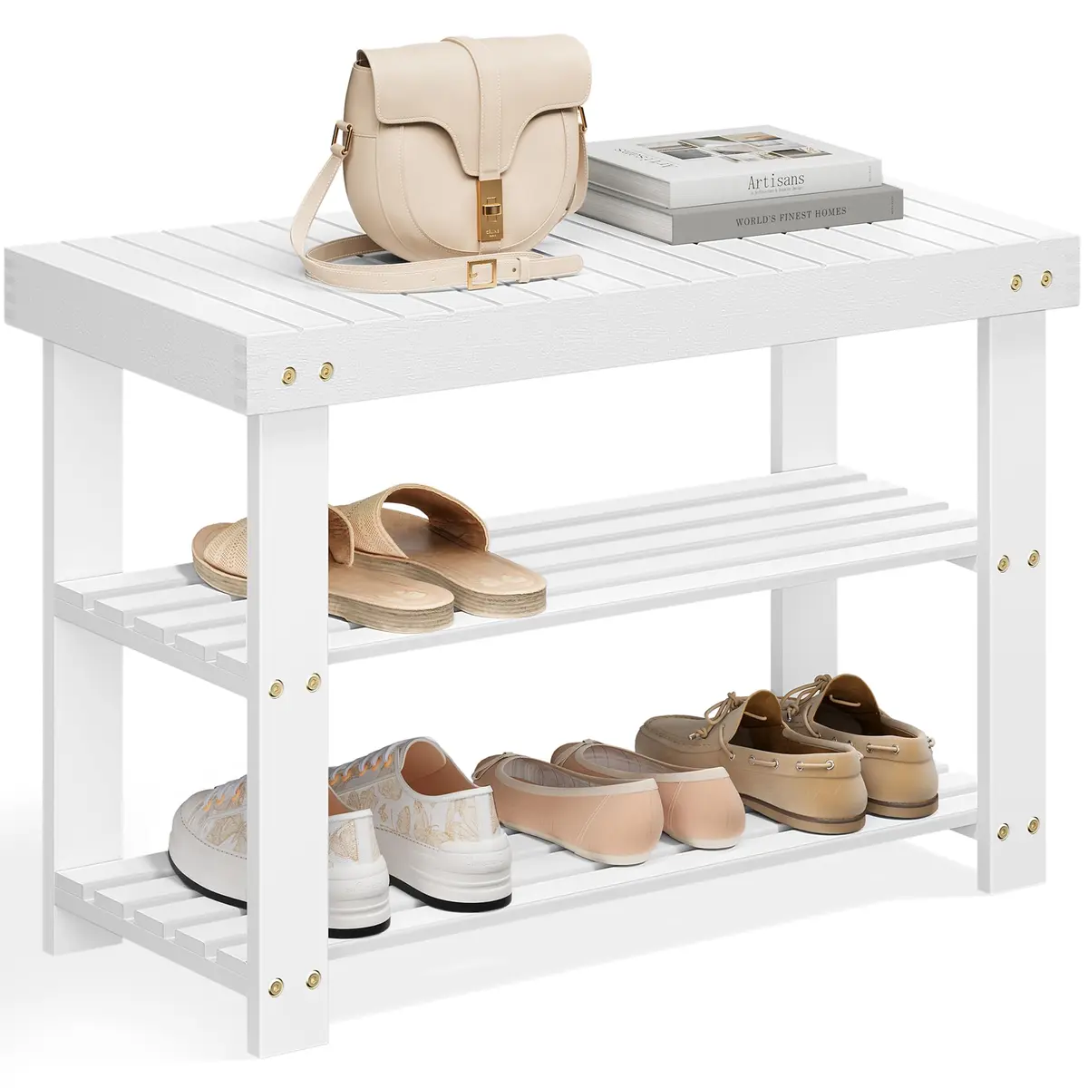 SONGMICS Banco Sapateira Organizador de Sapatos de 3 Níveis em Bambu | Banco para Corredor, Suporta até 130 kg, 28,7 x 70,1 x 45,3 cm, BRLBS004W01