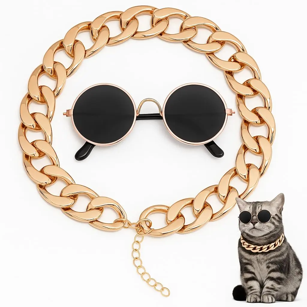 Coleira e Óculos de Sol Pet – Conjunto Retrô, Divertido, Dourado. Ajustável para Gatos e Cães Pequenos, Look Fashion para Passeios, Festas e Ensaios Fotográficos