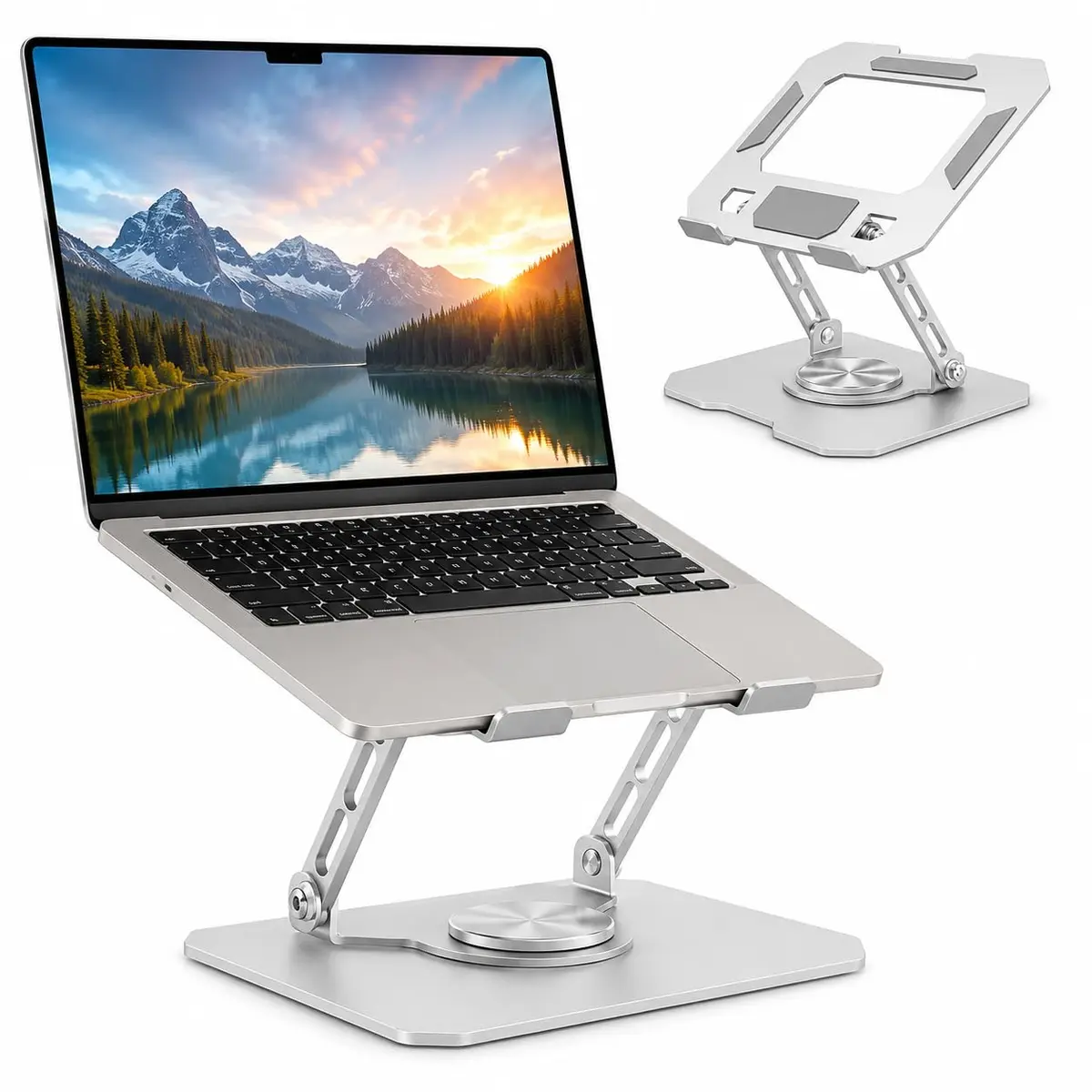 Suporte para Notebook e Tablet Ajustável até 17", Prata | Base Giratória 360°, Apoio Articulado Ergonômico, Dobrável, Ventilado, Portátil