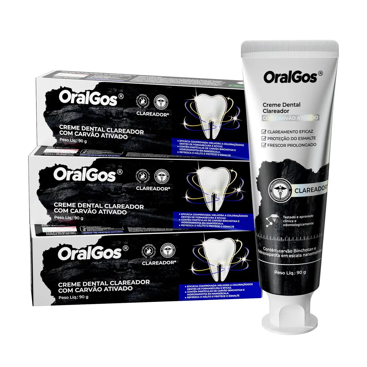 OralGos Creme Dental Clareador 90g, Kit com 3 Unidades | Carvão Binchotan para Limpeza Profunda, Hidroxiapatita Nanométrica Protege o Esmalte