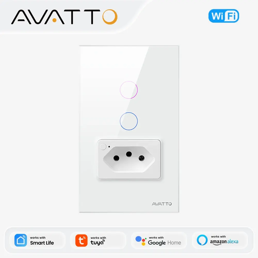 Interruptor de luz inteligente avatto tuya wifi com soquete, suporte de brasil 16a botão de toque interruptor de parede, funciona para alexa google home