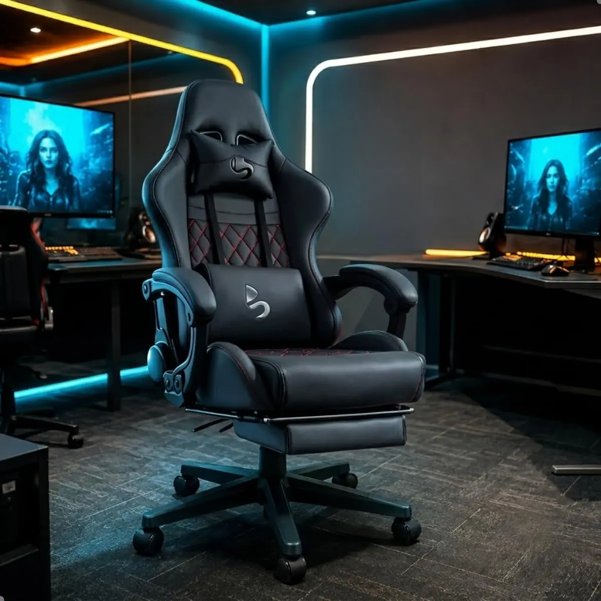 Cadeira Gamer de Escritório Ergonômica com Apoio para Pés, Reclinável, Almofadas Lombar e Pescoço, Base Nylon 50mm, Suporta 150kg (Preto)