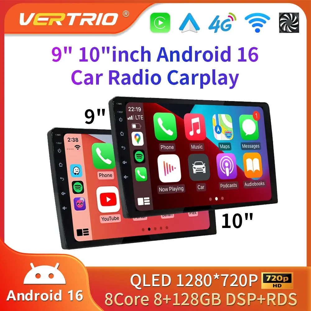 Rádio Automotivo 2din Android 16 com Carplay Sem Fio, Reprodutor Multimídia de Vídeo Universal de 9/10 polegadas, AutoRádio com GPS, Navegação, 4G, WiFi e DVD - 1