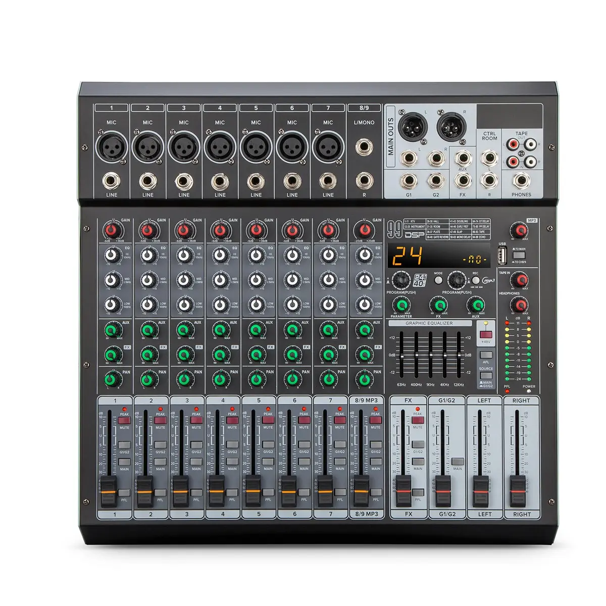 Mesa de Som de 9 Canais com Bluetooth, Reprodutor/Gravador de MP3, 99 Efeitos Digitais, Phantom Power, Equalizador de 3 Bandas - Mesa de Mixagem Profissional para Som ao Vivo, Estúdio e Karaokê