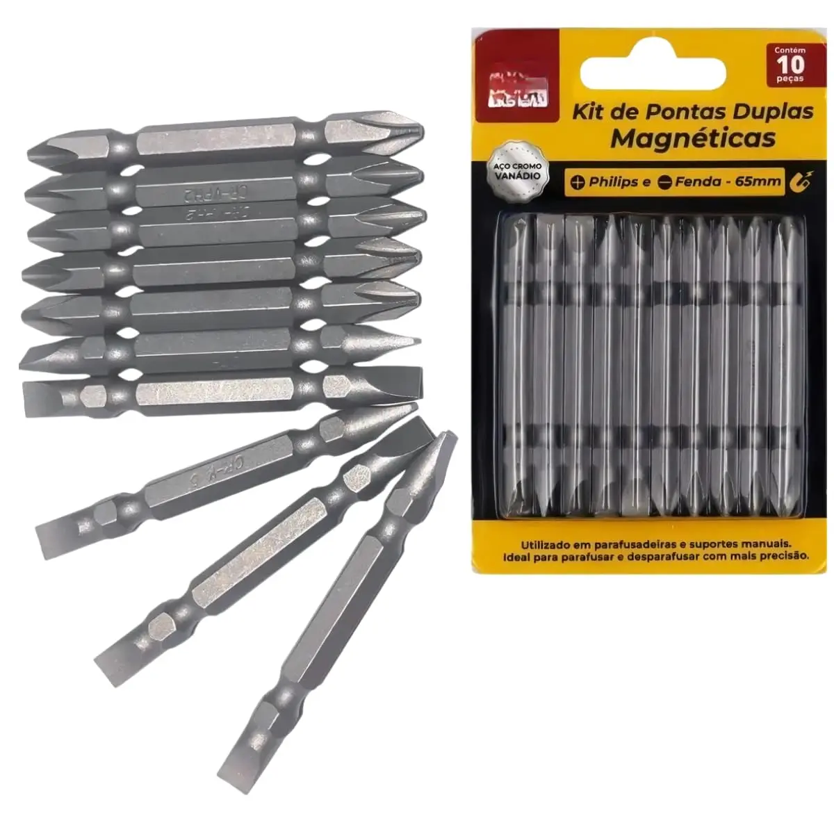 Kit 10 Bits Ponteiras Duplas Magnéticas 65mm Aço CR-V Fenda e Phillips para Parafusadeira e Furadeira YASDA
