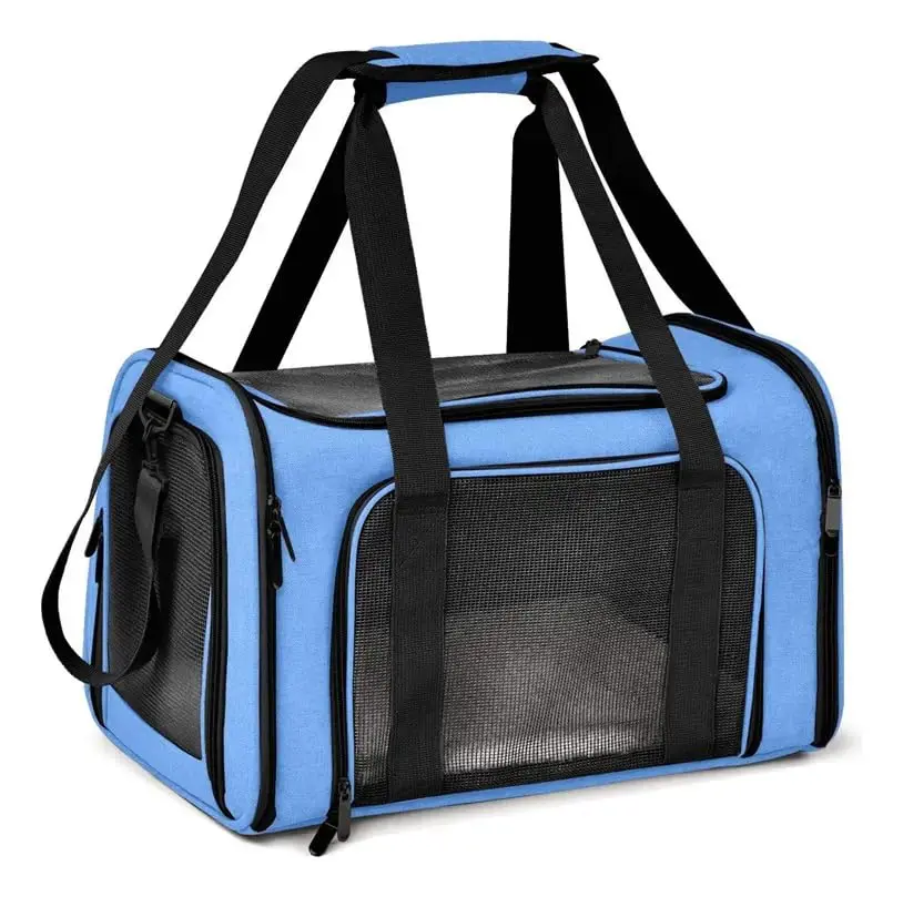 Bolsa Transporte Pet Dobrável com Alças Ventilação em Malha Porta Superior e Laterais para Cães e Gatos Pequenos (Azul) - 1