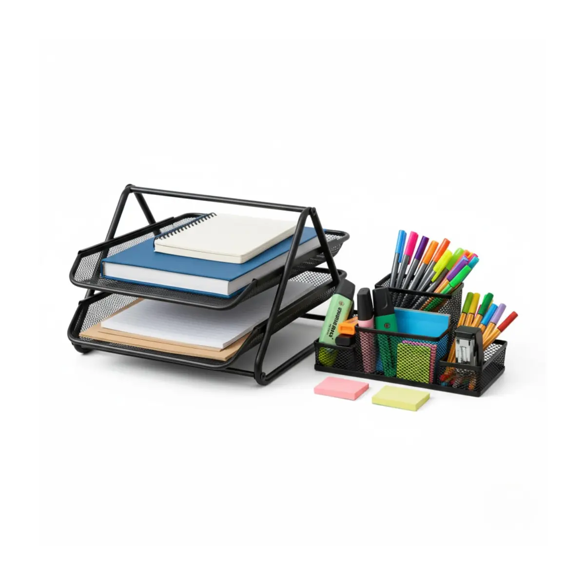 Kit Organizador de Mesa para Home Office e Escritório em Metal Aramado Preto – Bandeja Organizadora + Porta-Canetas