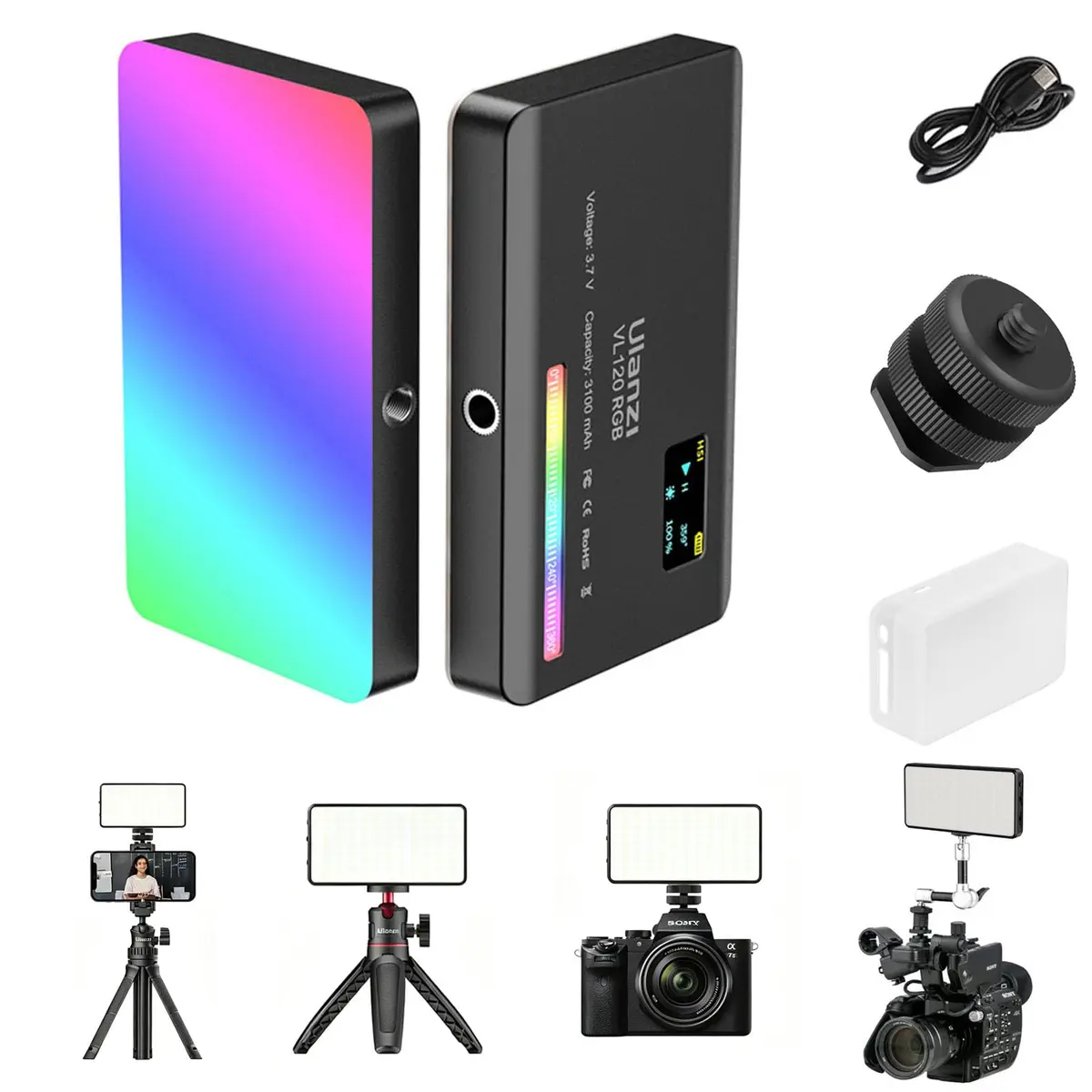 Luz de vídeo ULANZI VL120 RGB, Luzes de vídeo de bolso LED On-Camera, Bateria recarregável embutida 3100mAh, 360 efeitos de luz Full Color 20, CRI≥95 2500-9000K Painéis de LED para registro