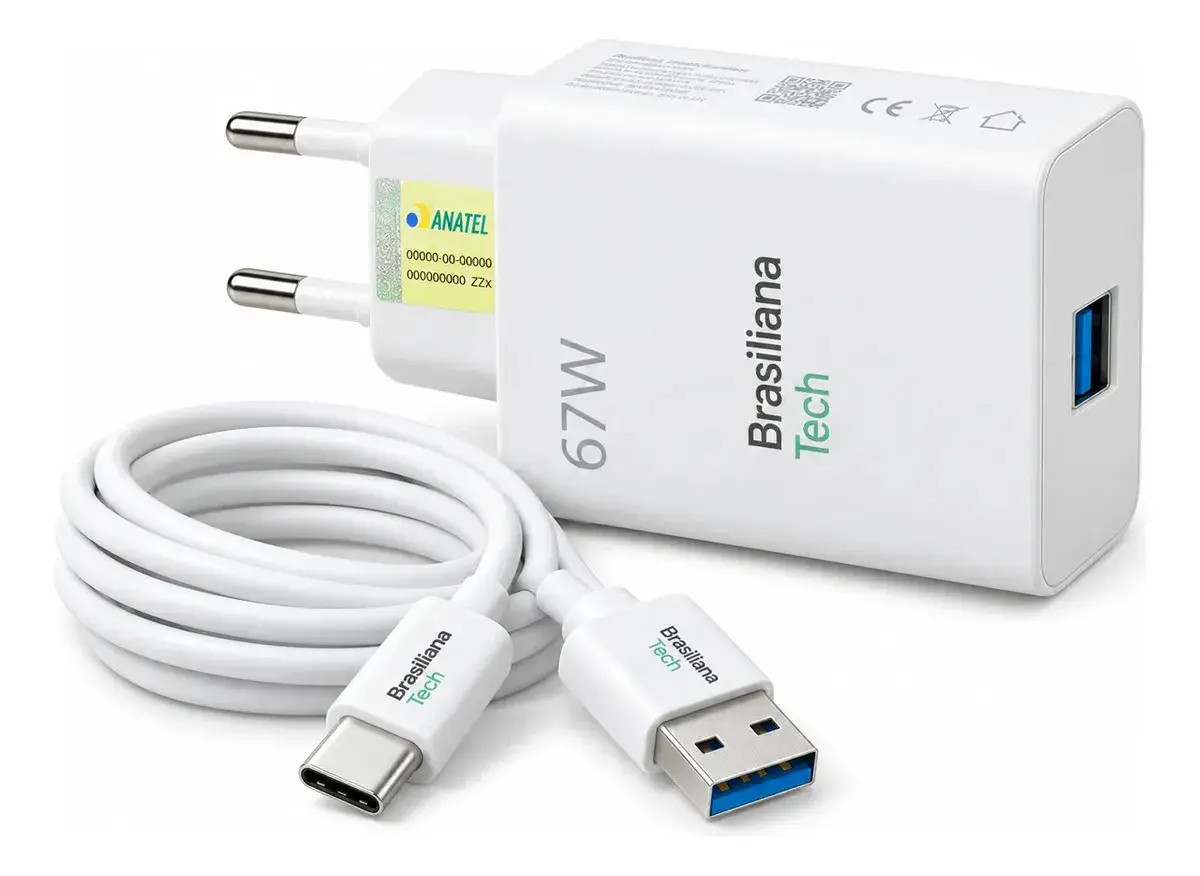 Carregador Turbo 67W Tipo C com Cabo 1m Fonte de Parede Carregamento Rápido Adaptador Tomada Compatível com Xiaomi Redmi Note 7 8 9 10 11 12 Pro Poco X3 Pro M3 Mi 8 9 10 A2 A3 Brasiliana Tech