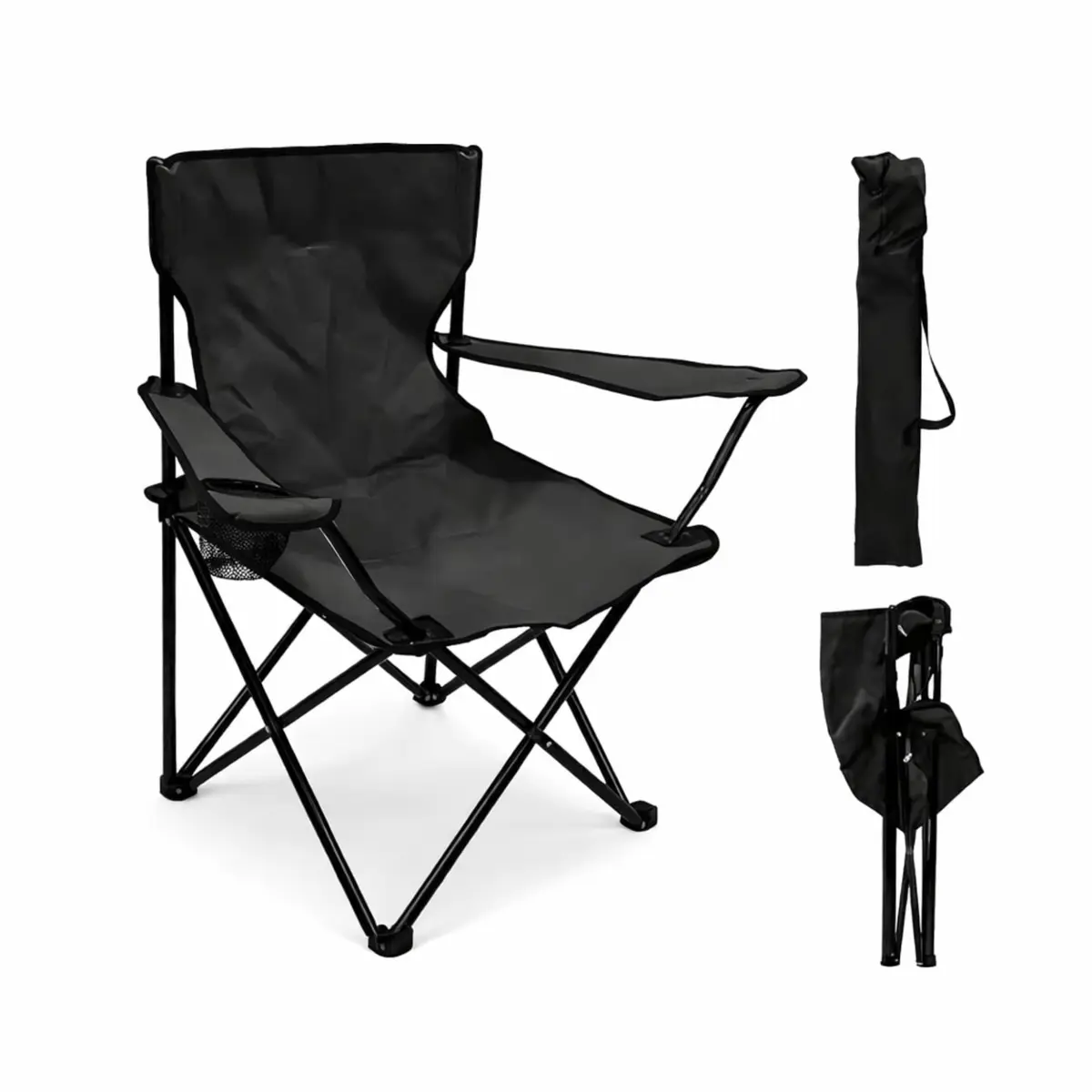 Cadeira de Camping Dobrável Preta | Porta-copos, Estrutura em Ferro, Tecido Poliéster Resistente, Apoio de Braços, Bolsa com Alça Incluída