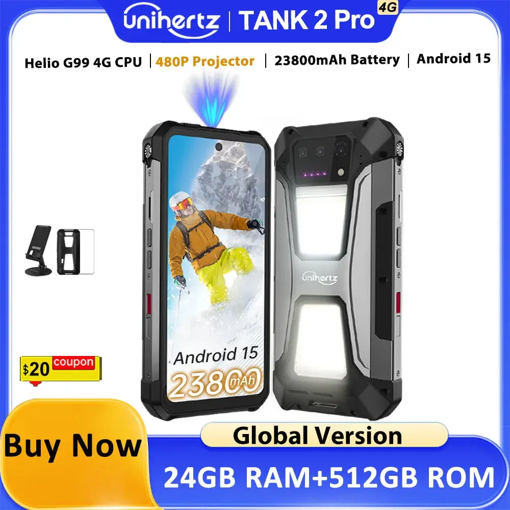 Unihertz Tank 2 Pro 8849, smartphone robusto com projetor, câmera de 100 MP, 24 GB de RAM e 512 GB de armazenamento, Android 14, 100 MP, NFC, processador Helio G99, bateria de 23800 mAh, 4G.