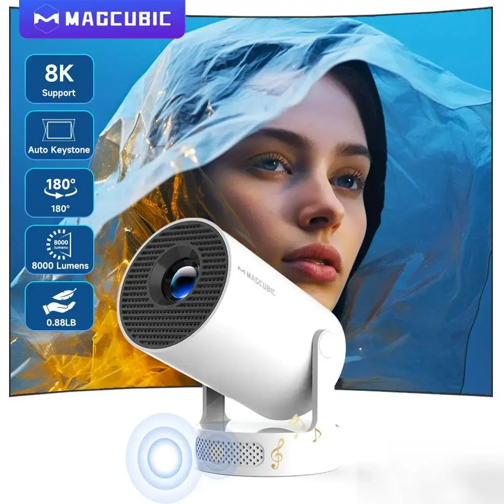 Magcubic 8K HY300 Pro + Projetor Construído em 5W Alto-falante 1280*720P Android 14 8000 Lumens Wifi6 BT5.4 Projetor Portátil ao ar livre