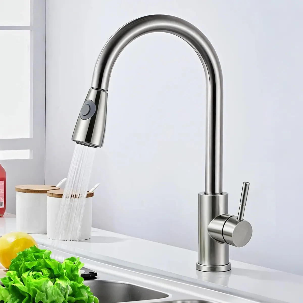 Torneira Para Cozinha Bancada 304 Aço Inox Extensível, Torneira Cozinha Gourmet Misturador Monocomando, Fácil Encaixe