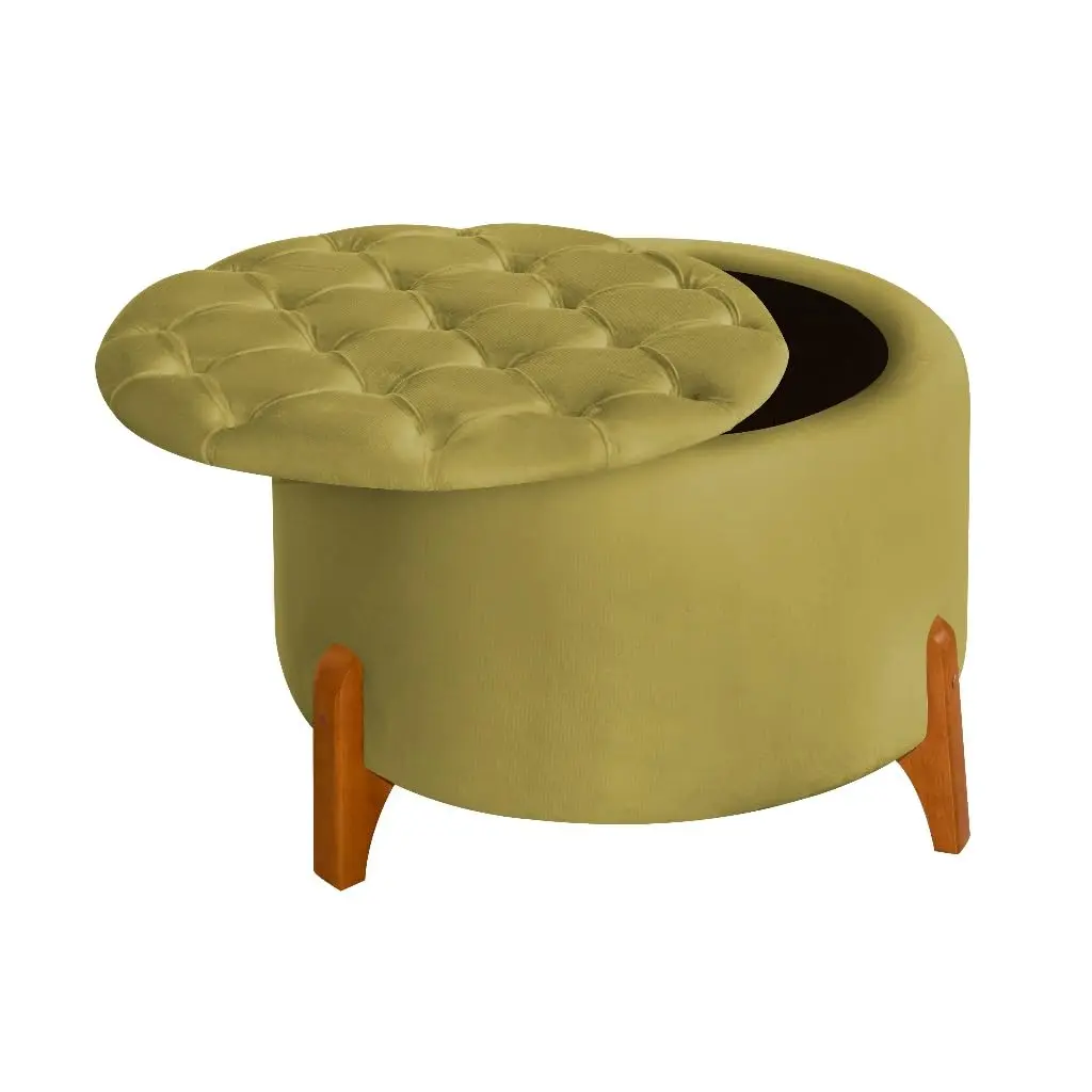 Puff Baú com Pés em Madeira Maciça, Revestido em Veludo com Capitone, Banco Organizador para Sala e Quarto(AMARELO)
