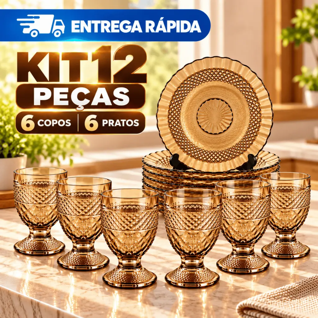 Jogo Mesa Completa 12 Peças 6 Pratos + 6 Taças 200ml Vidro Âmbar Trabalhado Vintage Jantar Almoço