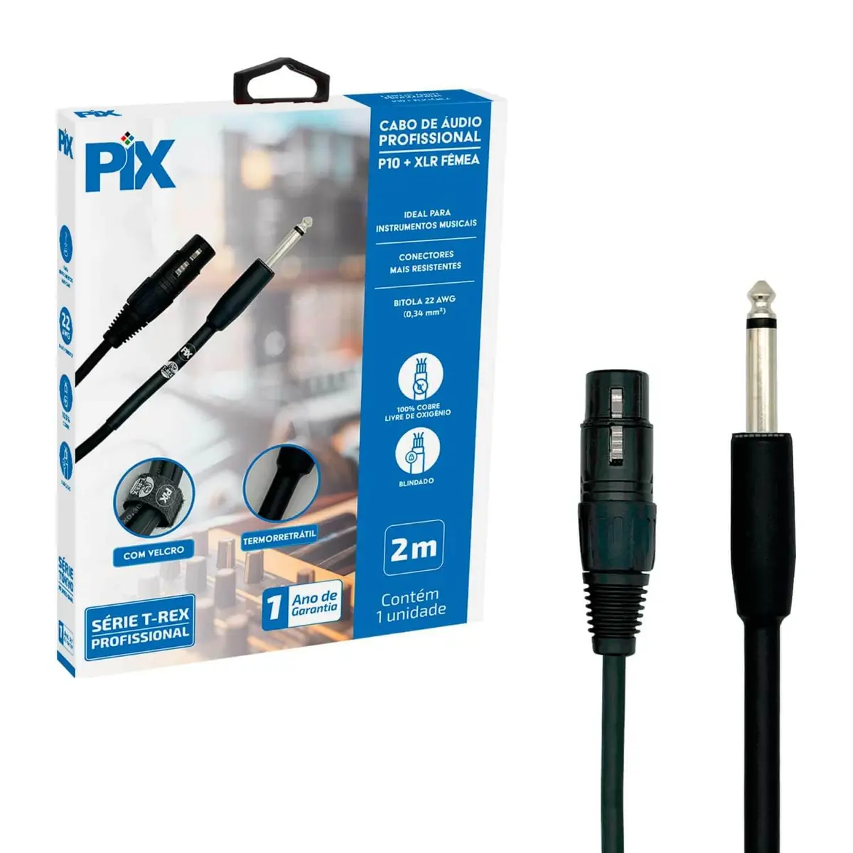 PIX Cabo P10 Mono + XLR Cannon Fêmea 100% Cobre para Instrumentos 2 Metros
