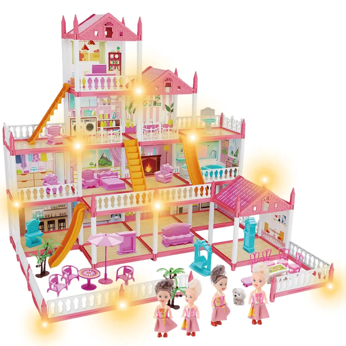 QBuen Casa de Bonecas 4 Andares, 14 Cômodos e 276 Acessórios. Mansão Princesa com Escorregador, Playground, Sacada e 4 Bonecas. Brinquedo de Montar para Meninas de 3 a 8 Anos.