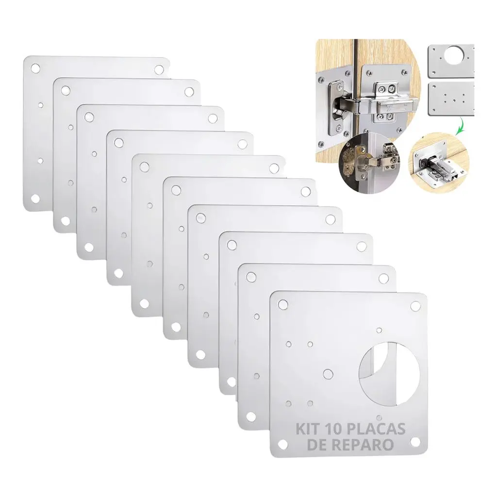 Kit 10 Placas Para Consertar Dobradiça Armário Mdf Porta Reparo Aço + Kit Parafusos