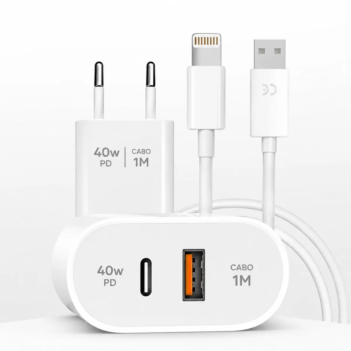 Carregador ANATEL Compatível para iPhone 14 13 12 11 XR XS Turbo com Cabo Lightin + USB – Carga Rápida PD, iPads e AirPods – Dupla Porta, Chip Inteligente, Proteção CompletaD - 1