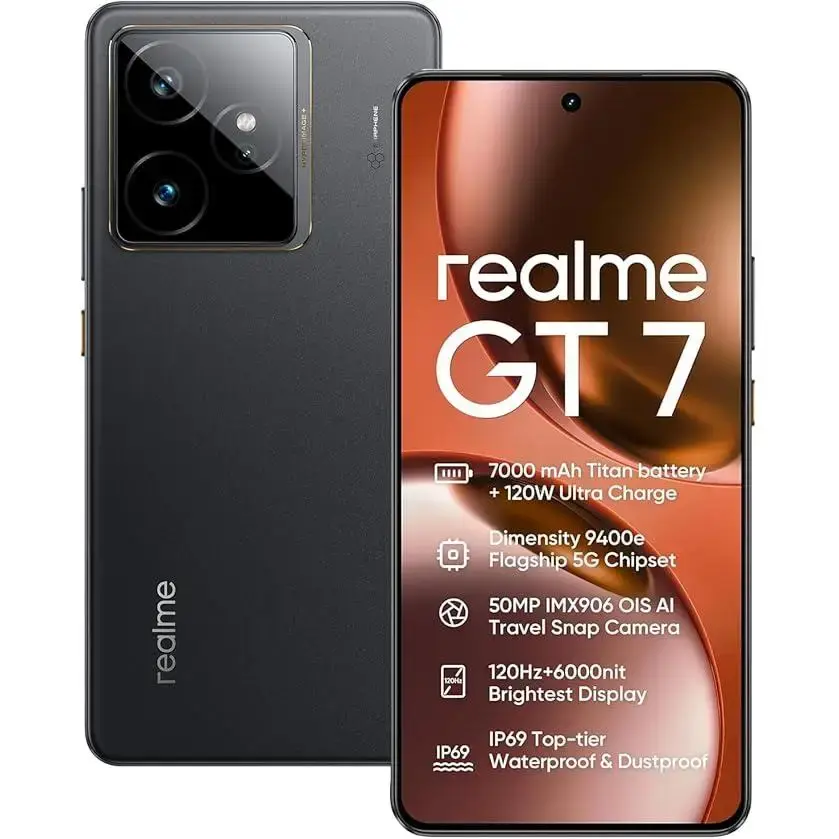 Telefone - Smartphone realme GT 7 5G, 12 GB + 256 GB | 12 GB + 512 GB, MediaTek Dimensity 9400e, bateria Titan de 7000 mAh + carregamento rápido de 120 W, câmara IMX906 com AI Travel Snap, ecrã Pro-ESports de 6000 nits, arrefecimento 360°, IP69
