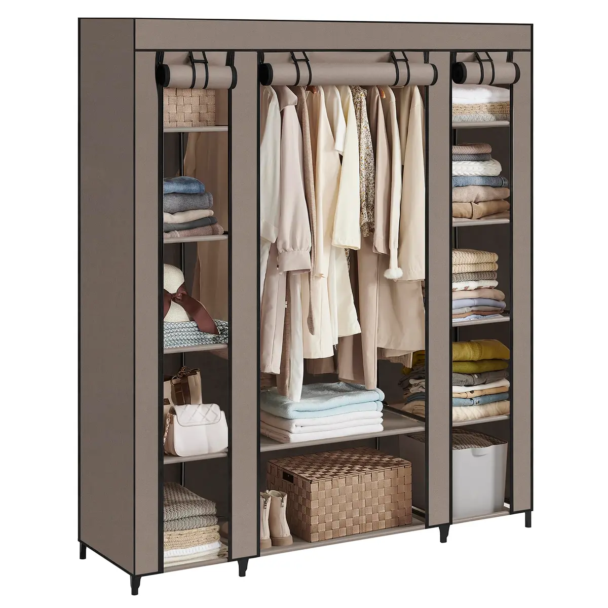 SONGMICS Guarda-roupa de Tecido, Cabideiro, 12 Prateleiras, Estrutura de Metal, para Quarto, 45 x 150 x 175 cm, Taupe BRLSF003R02