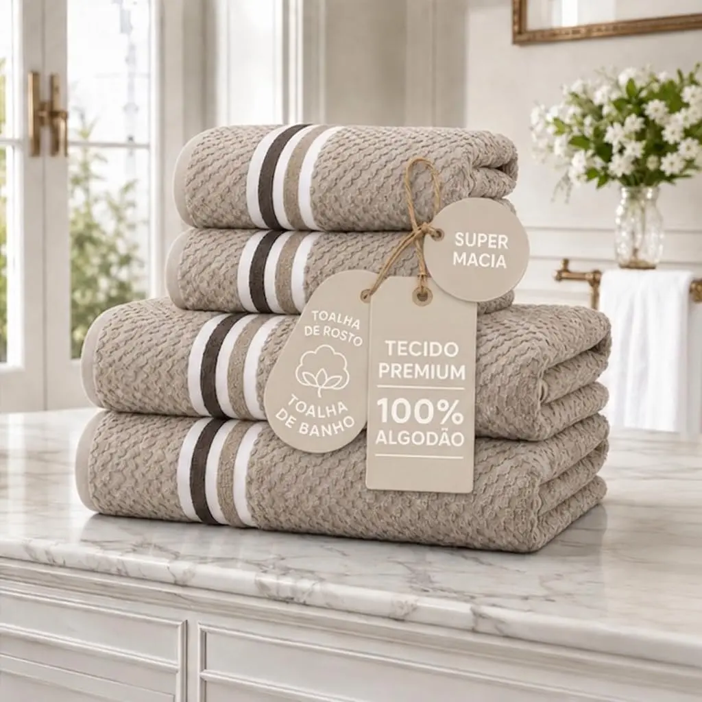Kit Jogo de Toalhas de Banho e Rosto 4 Peças Banhão 500g/m² Trento Bege | Algodão fio penteado, toque de hotel 5 estrelas, absorção superior, costura reforçada, 4 cores, uso residencial e comercial - 1