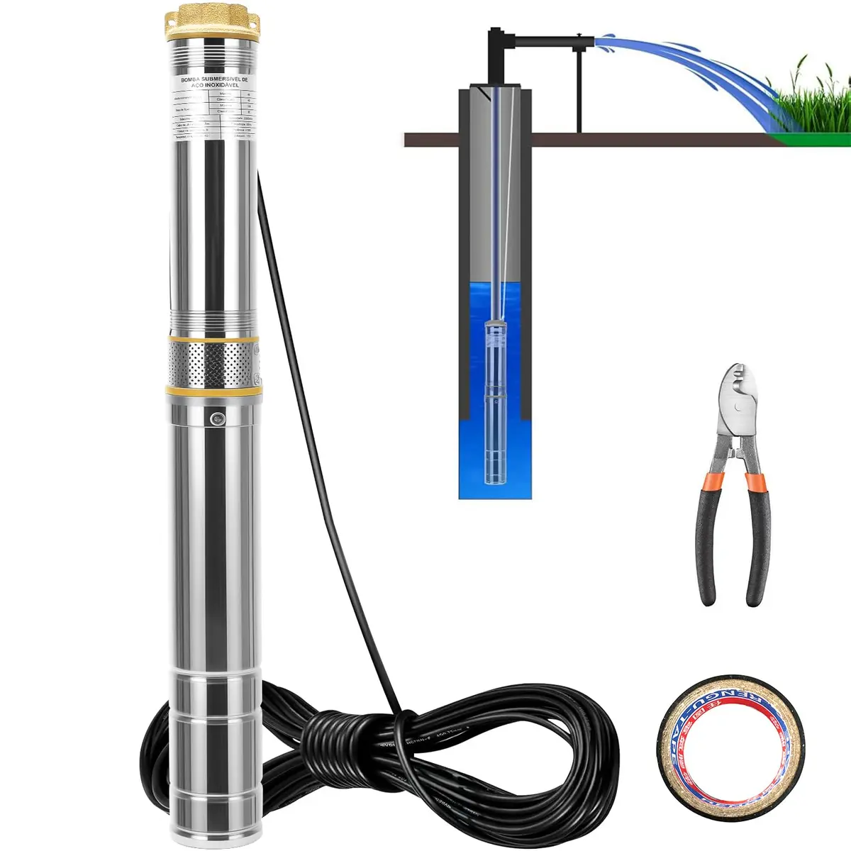 Bomba Submersa Caneta Palito para Poço, 1/2 HP, 367.5W, 100L/min, 56m Altura Máxima, Cabo 7m, 63.5mm(127V) - 1