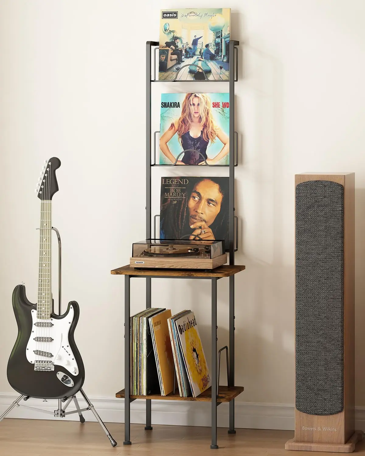 Suporte para Toca-Discos de 2 Níveis com Armazenamento de Vinil, Três Discos Podem ser Exibidos, Armário de Exibição de Discos para Sala de Estar, Quarto, Escritório