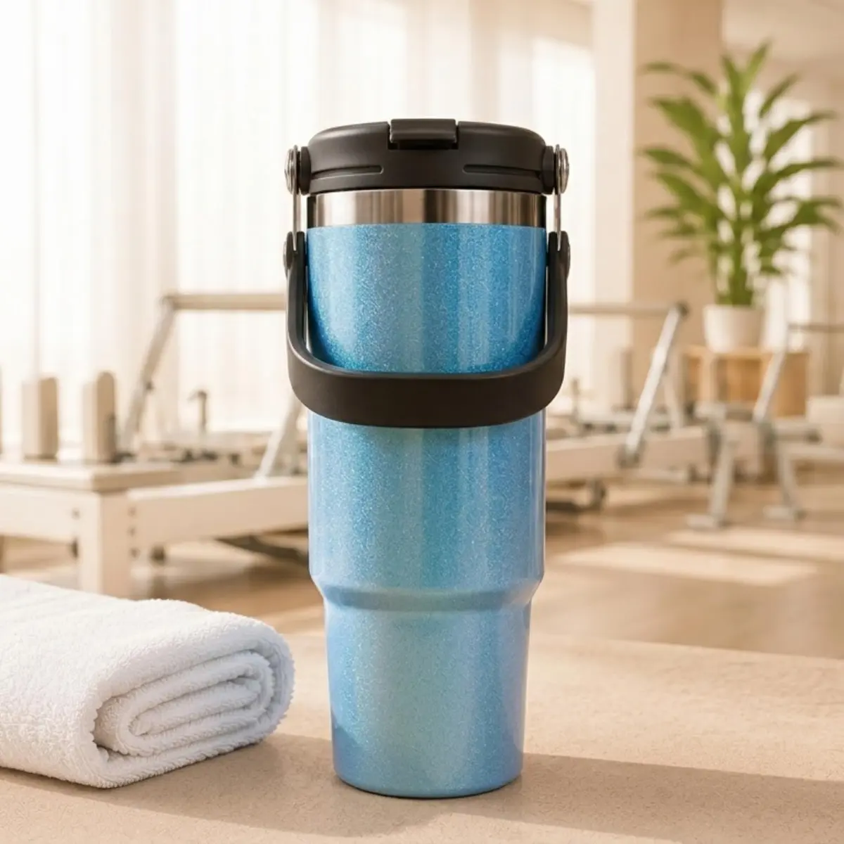 Copo Térmico com Canudo Tampa e Alça 900ml, Cops Garrafas Termico para viagem vácuo dupla camada aço inoxidável, Caneca Termica Cafe Água Chá,Presente, Fitness Barganha Mix (p2000Azul Claro) - 1