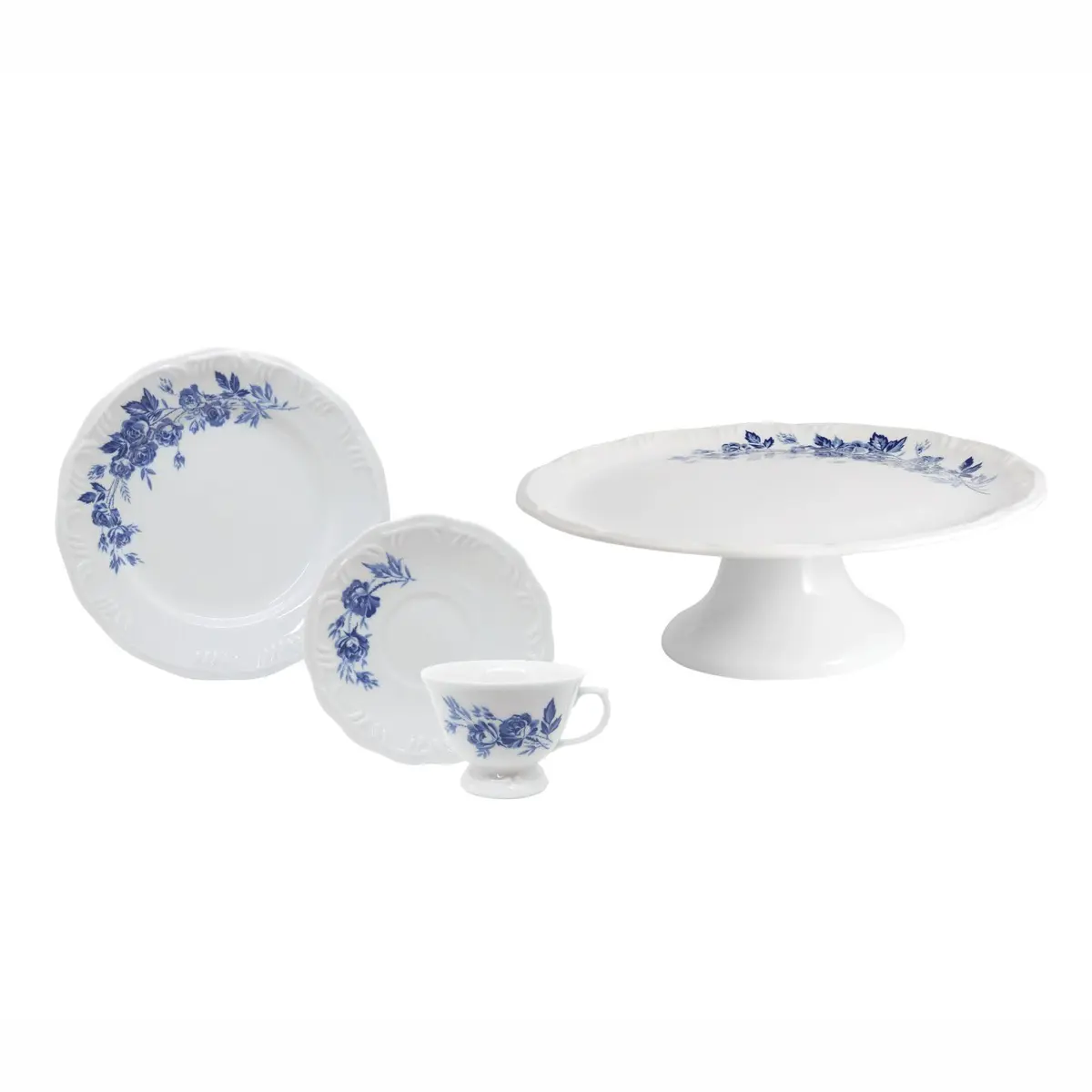 Serviço de Bolo 19 Peças em Porcelana, Modelo Pomerode, com Relevo, Decoração Cora, Porcelana Schmidt