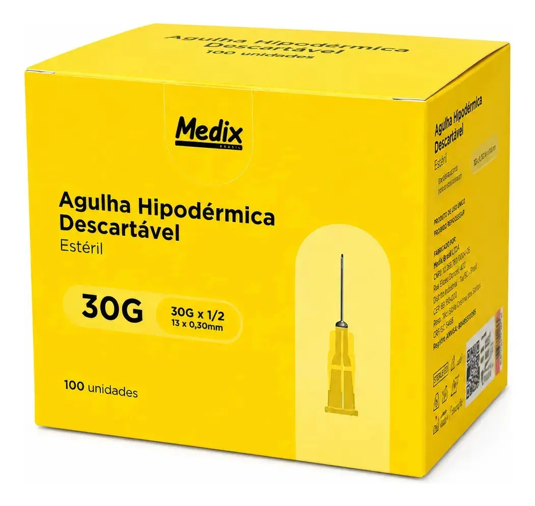 Agulha Medix 13x0,30mm Carboxiterapia Aço Inoxidável 100 Un Luer Slip/Lock