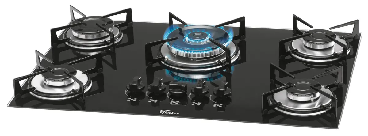 Fischer Cooktop à Gás 5 Bocas Tripla Chama Mesa Vidro Preta Bivolt 1743-5733 - 1
