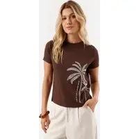 blusa feminina de viscose decote redondo folhagens marrom - 1