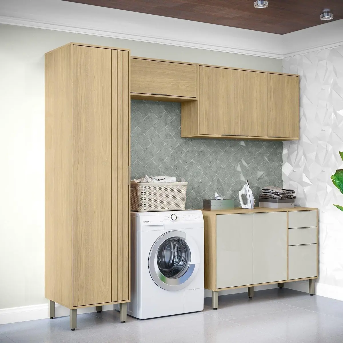 Lavanderia Modulada com 2 Armários Aereos, 1 Balcão e 1 Armário Multiuso Glória Castanho/Off White