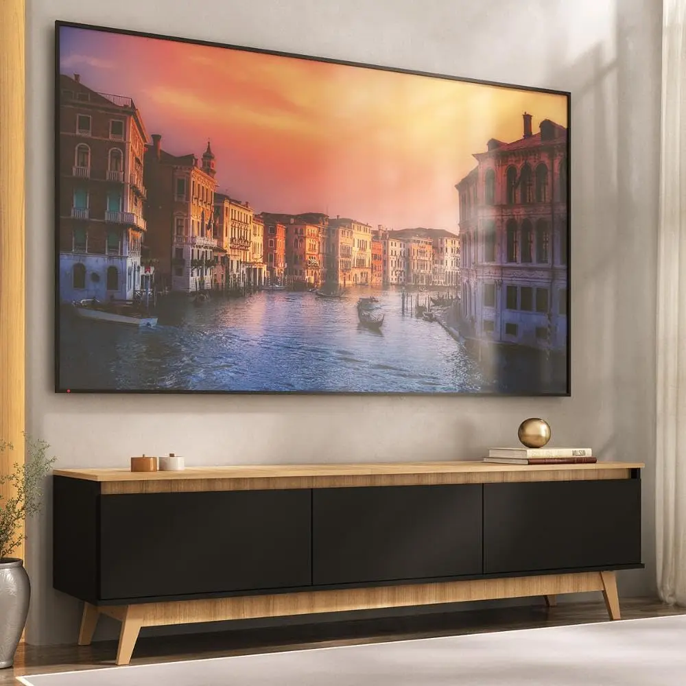 Multimóveis Rack Retrô para TV até 80" 180cm com 3 Portas MP1103 – Madeirado/Preto, Design Moderno e Garantia de 3 Anos