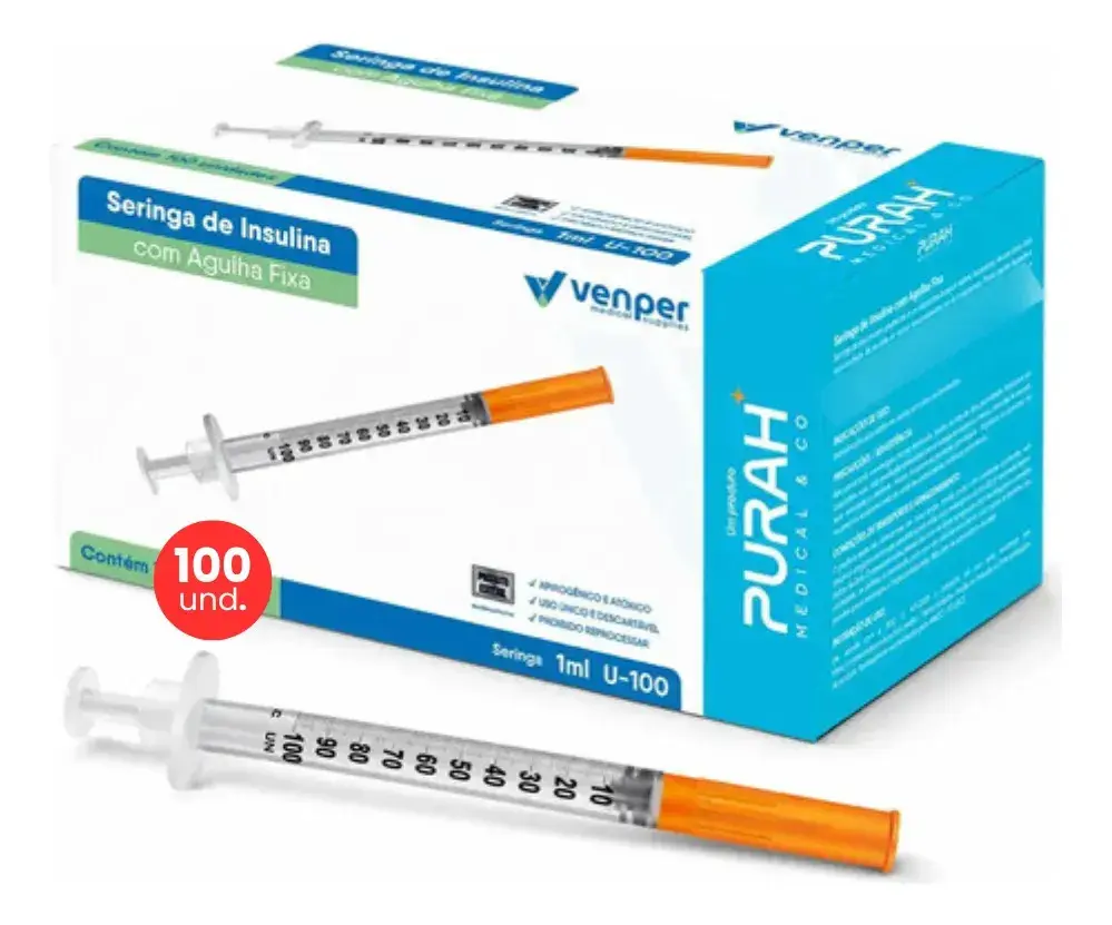 Seringa Insulina 1 ml Agulha Fixa Ultrafina 0,30mmx8mm Venper 100 Unidades