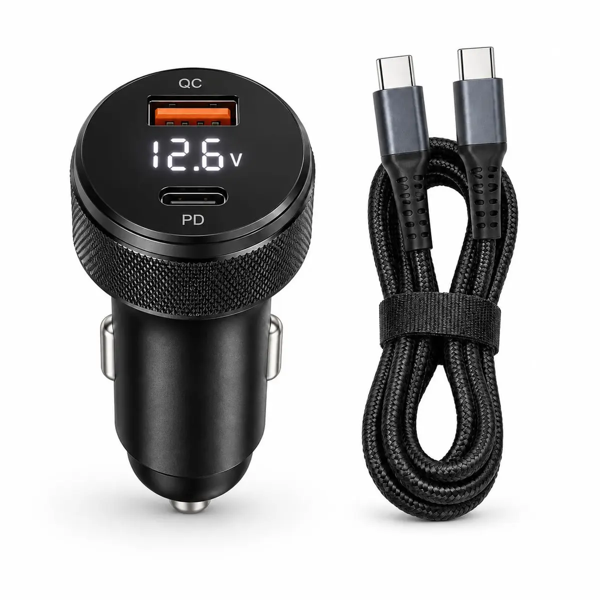 Carregador Veicular 60W USB-C PD e USB-A QC com Visor Digital e Cabo Tipo C | Recarga Durante Viagens, Conexões Versáteis e Praticidade no Carro