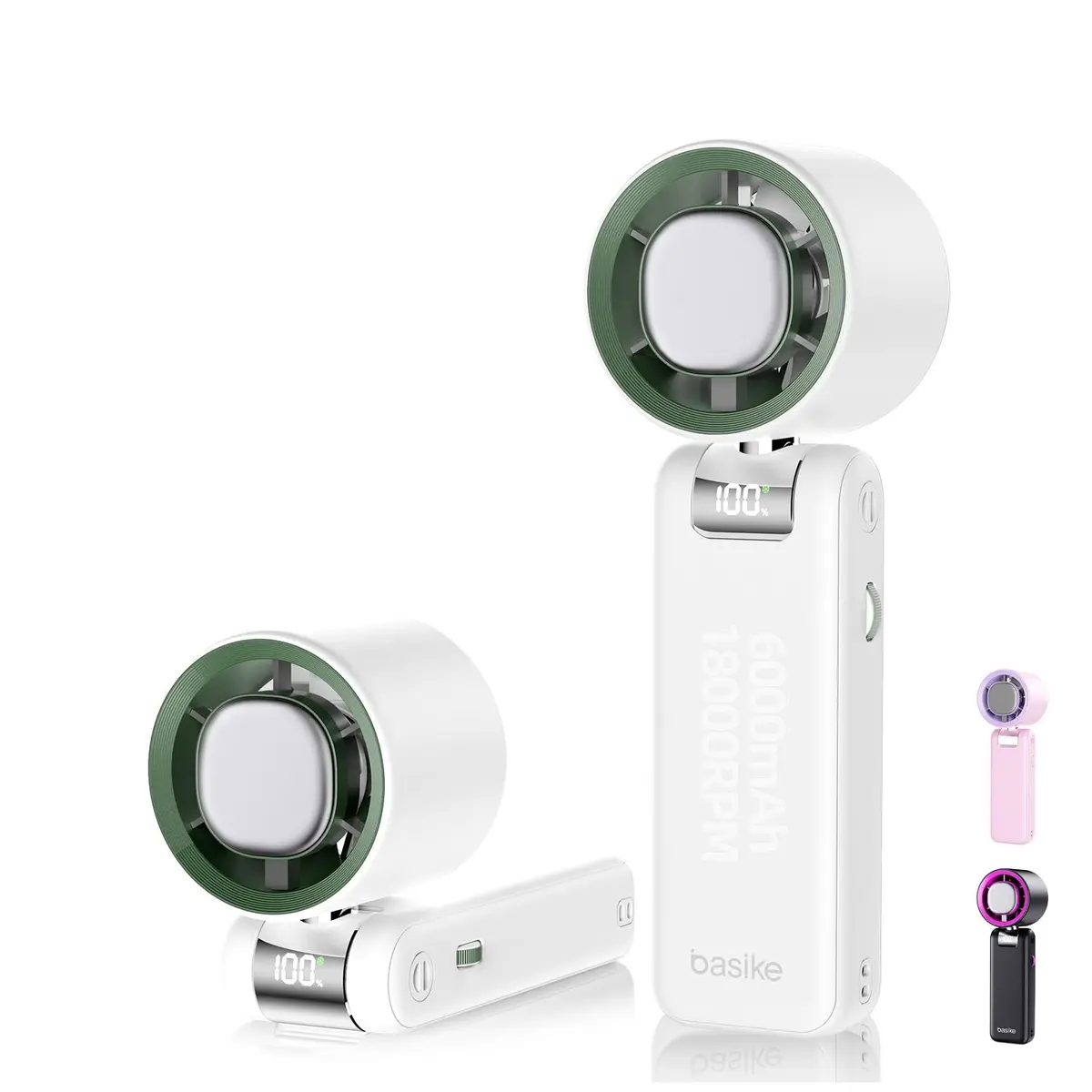 Basike Ventilador de Mão Portátil Recarregavel com Display Digital(Branco) | Função Resfriamento, 100 Níveis, 12W Bateria 6000mAh, Anjo Ajustável 180°, para Casa, Viagens e Escritório Durante o Verão